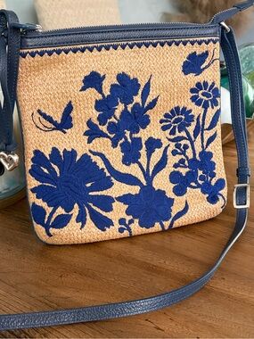 Brighton Blossom Hill Carter Straw Messenger Bag Purse-royal blue embroidered